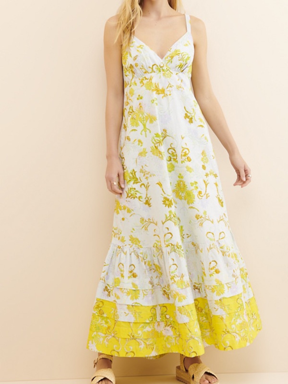 Women's White and Yellow Anthropologie Solenne Flounced Maxi Dress
